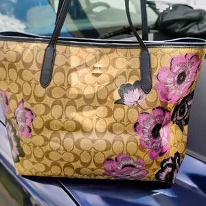 Coach Tan and Pink Floral Tote Bag
